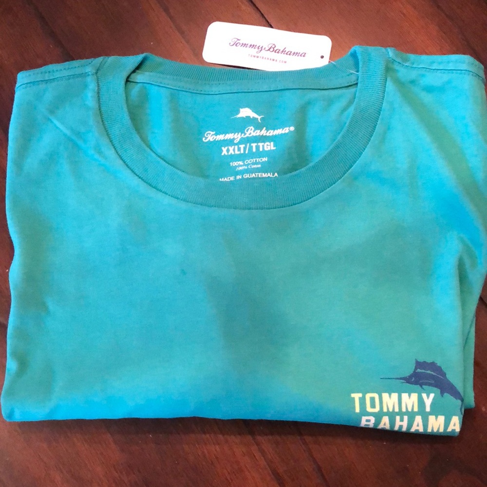 🌴Tommy Bahama Classic logo front 🏈between the uprights back, turqouise t-shirt